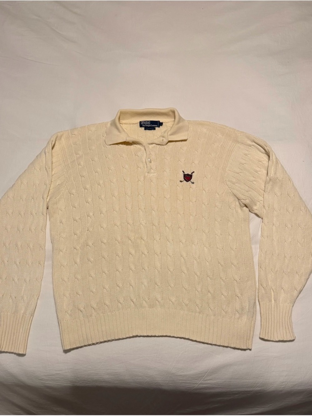 Vintage Cream Cable-Knit Ralph Lauren Polo Sweater - Men's Large